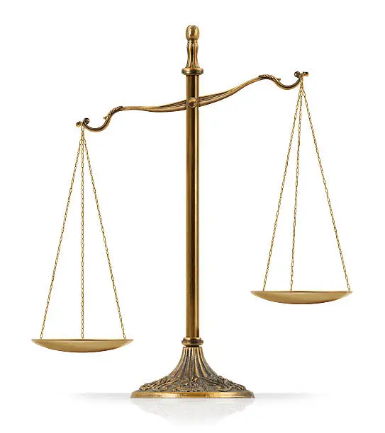 Unbalanced "Scales of Justice" isolated on white background.
