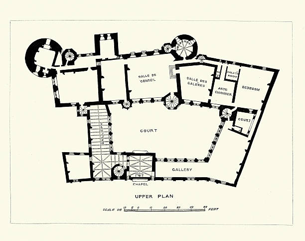 средневековая architecture-верх план hotel de la chaussee - cher stock illustrations