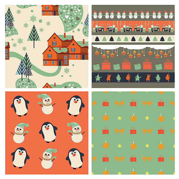 kolorowy zestaw świąteczny zimowe wzory - christmas funky building exterior vector stock illustrations