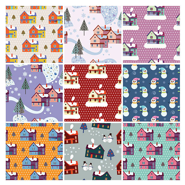 kolorowy zestaw świąteczny zimowe wzory z domów - christmas funky building exterior vector stock illustrations