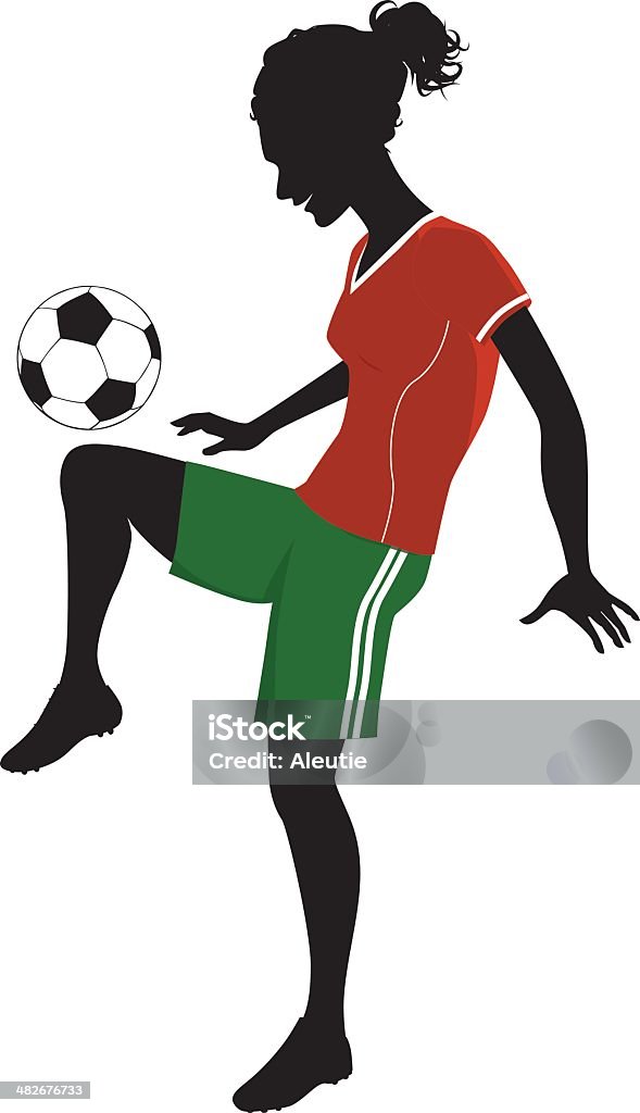 Female football player silhouette Silhouette of a teenage girl in red tee shirt and green shirts, kicking a soccer ball with her knee, vector illustration Soccer stock vector