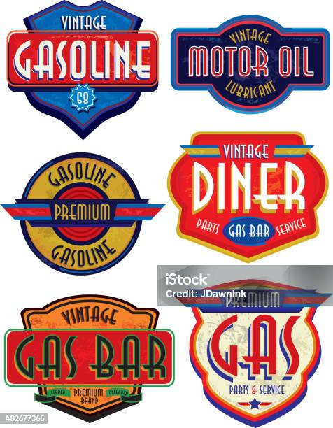 Satz Von Retro Vintage Benzin Schildern Und Bar Stock Vektor Art und mehr Bilder von Retrostil - Retrostil, Schild, Tankstelle
