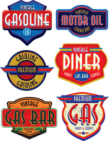 Old fashioned Gas Bar and Gasoline related signs and labels. Vintage style with sample design text and elements. Variety of color and lot's of texture to appear slightly worn with age. Download includes Illustrator 8 eps, high resolution jpg and png file. See my portfolio for other signs, labels and vintage items.