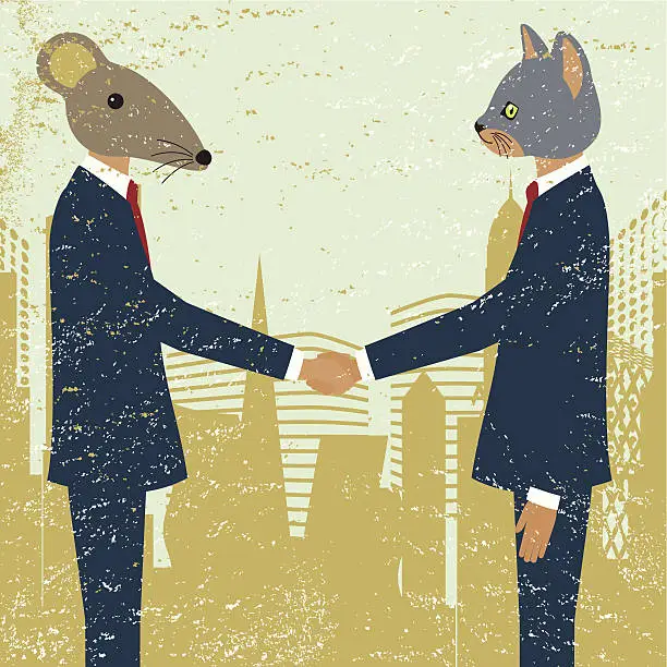 Vector illustration of Business agreement meeting enemy men cat mouse holding hands
