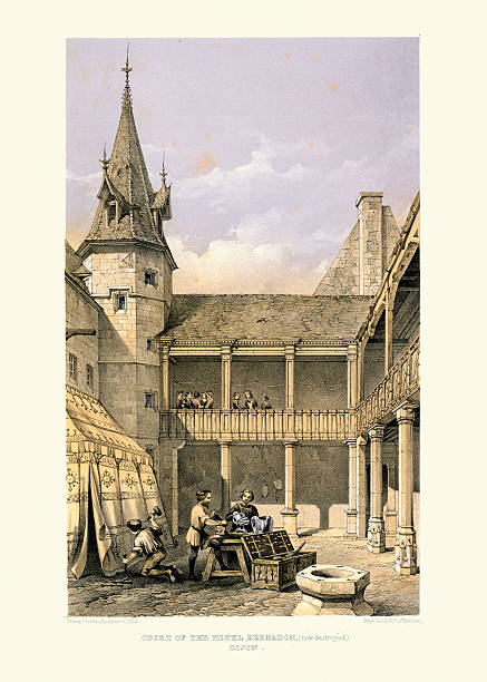 Medieval Architecture - Court of the Hotel Bernadon, Dijon Vintage engraving of Court of the Hotel Bernadon, Dijon, France. With squires and armourers unpacking a suit of armour, while people look down on them from a balcony.  Domestic Architecture of France, Henry Clutton paved yard stock illustrations