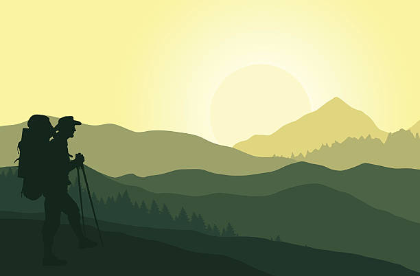 그린 산 풍경과 실루엣 여행 - mountain mountain range rocky mountains silhouette stock illustrations