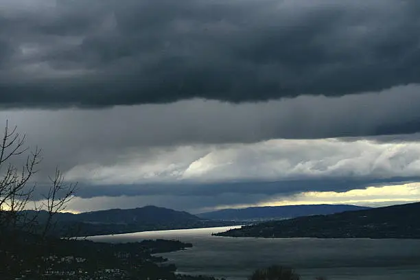 dark clouds are moving above the lake 