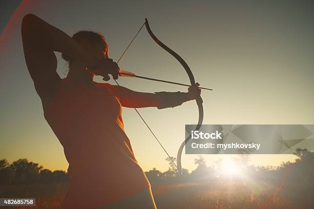 Female Archer In The Field At Sunset Stock Photo - Download Image Now - Archery, Bow and Arrow, Sports Target