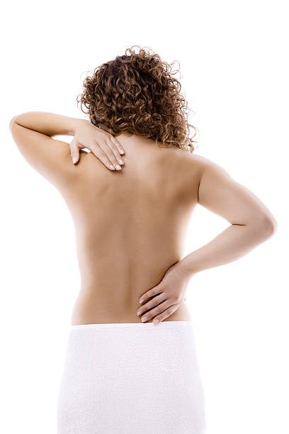 istock Woman massaging pain back isolated on white background 482688205