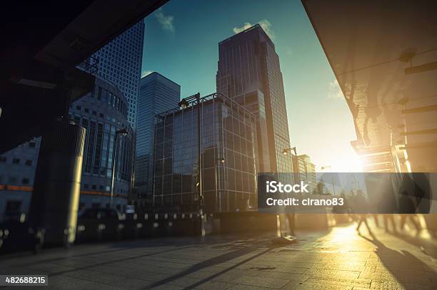Contemporary Financial District In Canary Wharf During Sunrise London Stock Photo - Download Image Now