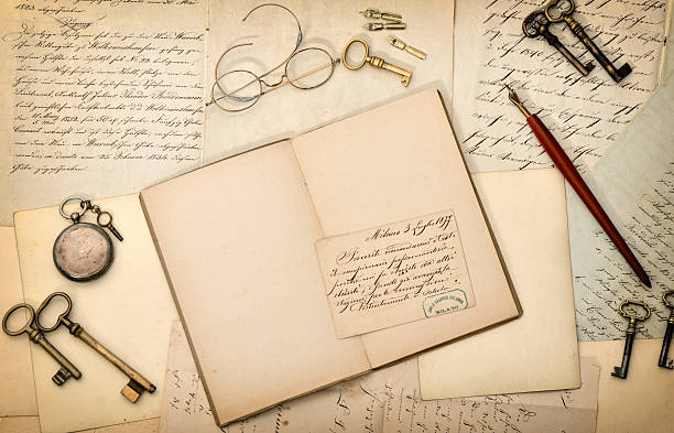 istock Open book, vintage accessories, old letters. Nostalgic paper background 482688752