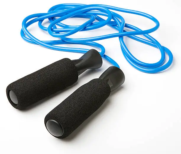 blue jump rope with black handles