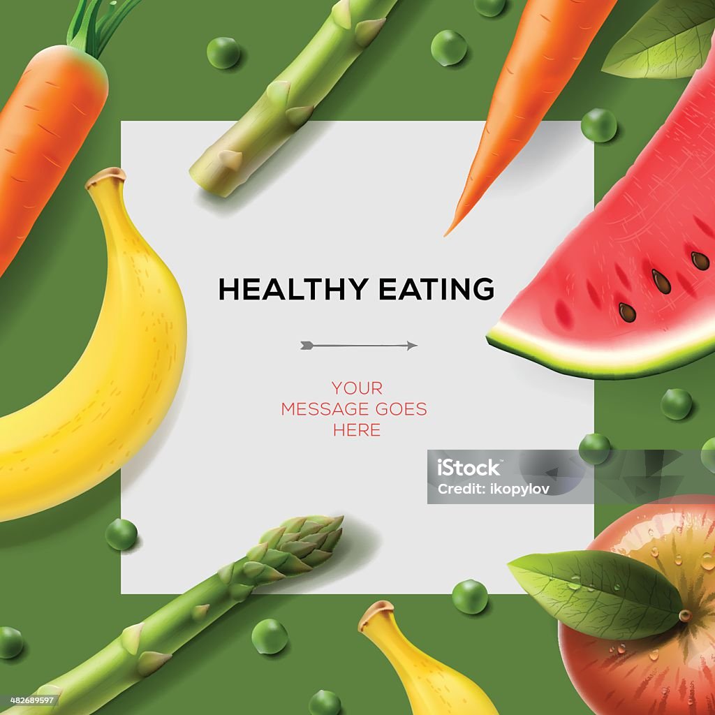 Healthy eating template with fruits and vegetables Healthy eating template with fruits, vegetables, vector Eps10. Asparagus stock vector