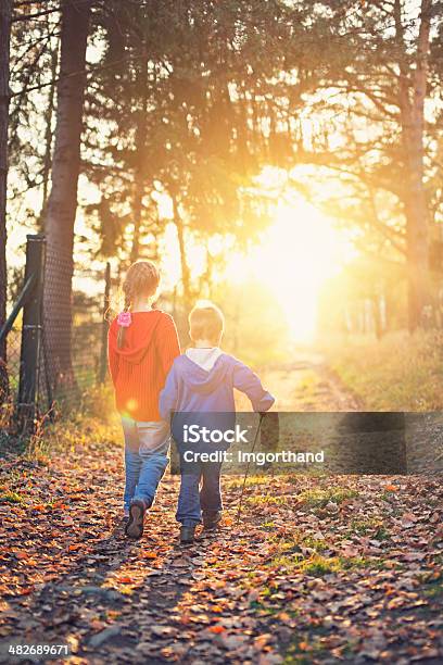 Brother And Sister Walking Into The Sunset Stock Photo - Download Image Now - 4-5 Years, 6-7 Years, Autumn