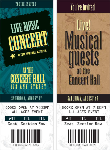Set of cool concert tickets template Vector illustration of a two concert tickets. Includes sample text design and design elements. Download includes Illustrator 8 eps, high resolution jpg and png file. ticket stock illustrations