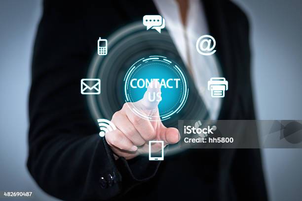 Foto de Representação Dos Canais De Comunicação Digital e mais fotos de stock de Contact Us - Frase em inglês - Contact Us - Frase em inglês, Conexão, Botão - Peça de Máquina