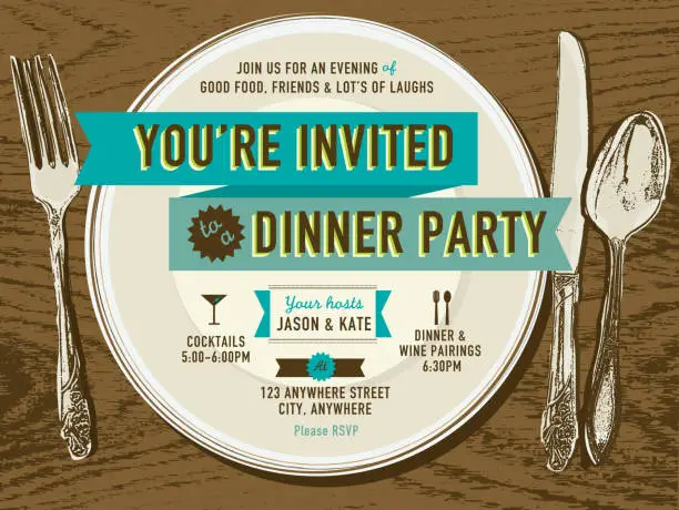 Vector illustration of Elegant dinner party invitation design template placesetting on oak background