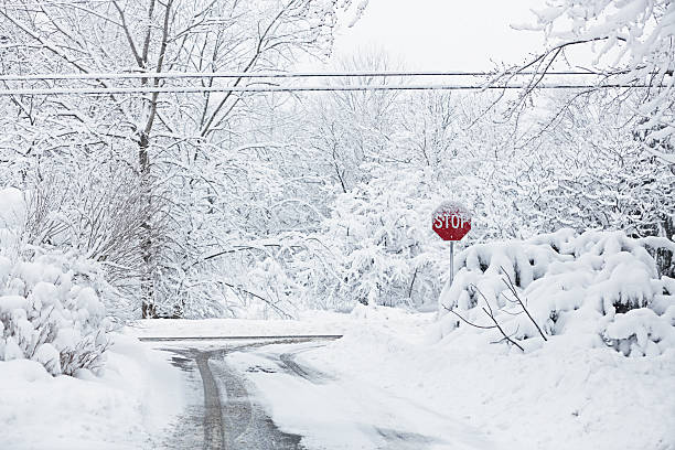 ventisca nieve calle de empalme señal de pare (stop) - isweather2013 fotografías e imágenes de stock