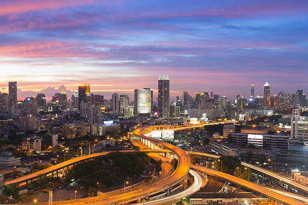 istock Bangkok elevated road junction and interchange overpass during twilight 482693662