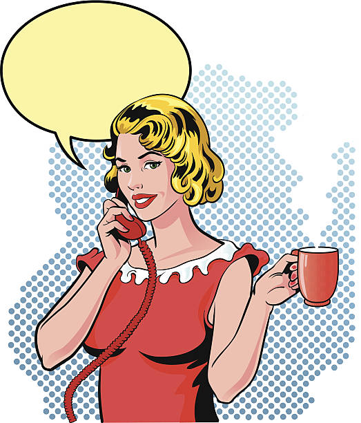 ilustrações, clipart, desenhos animados e ícones de pequeno gossip no telefone com uma xícara de café - customer service representative on the phone retro revival office