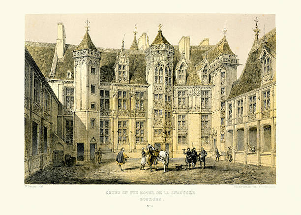 medieval architecture - court of the hotel de la chaussee - cher stock illustrations