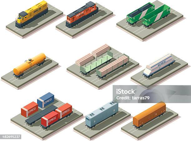 Isometric Züge Und Autos Stock Vektor Art und mehr Bilder von Isometrische Darstellung - Isometrische Darstellung, Eisenbahn, Güterzug