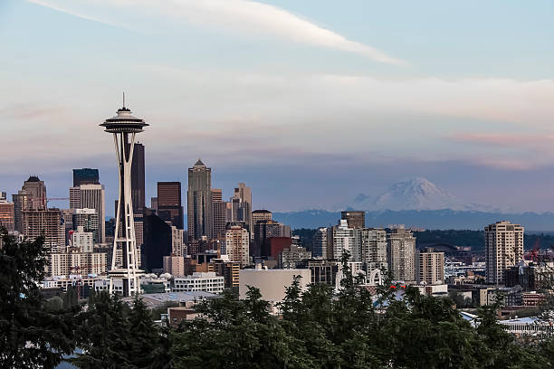istock Twilight View of Seattle Washington Skyline, Mount Rainier In Background 482704144