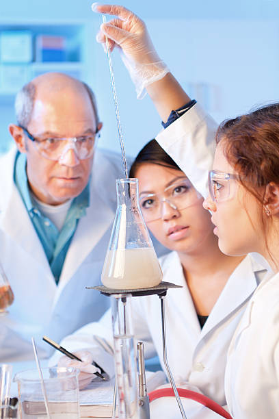 Women Science Students Studying Chemistry with Professor in Laboratory