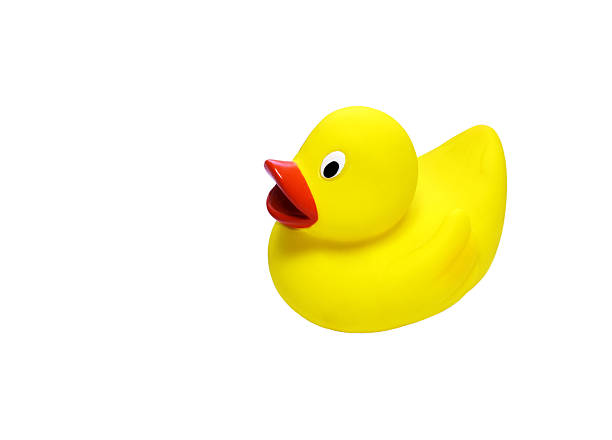 istock Yellow small rubber duck isolated on white 482704940