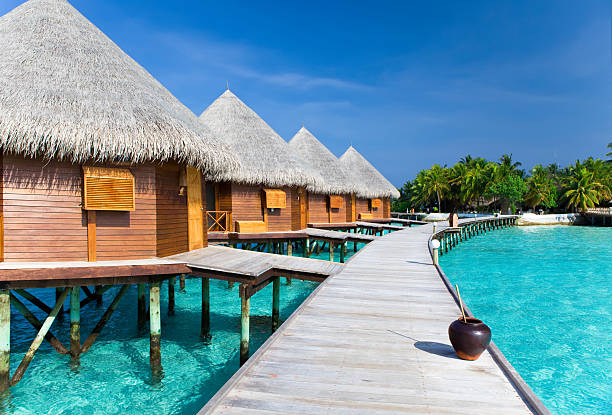 istock Island in ocean. Villa on piles ins water 482704950