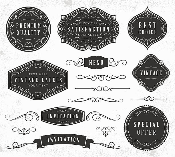 illustrazioni stock, clip art, cartoni animati e icone di tendenza di vintage etichette e ornamenti - retro revival label sign old fashioned