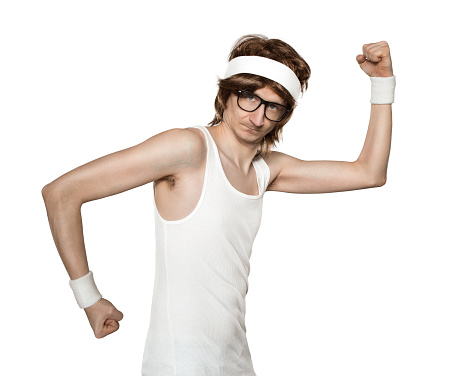 Funny retro nerd flexing muscle isolated on white background