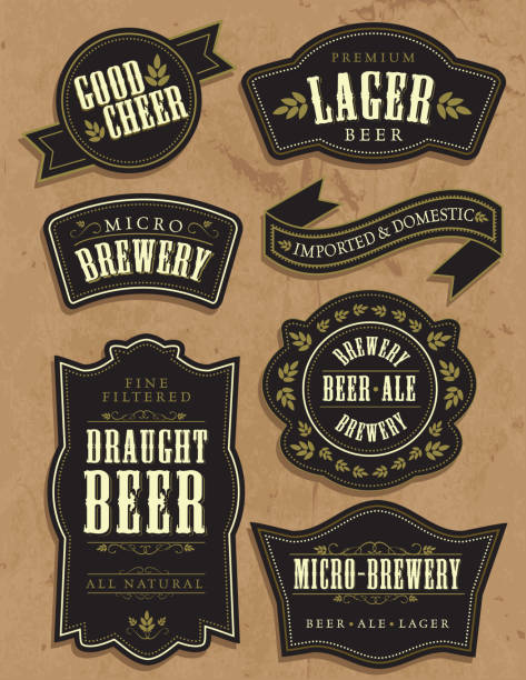 illustrazioni stock, clip art, cartoni animati e icone di tendenza di sette set di etichette di birra retrò vintage con testo di esempio - swirl beer