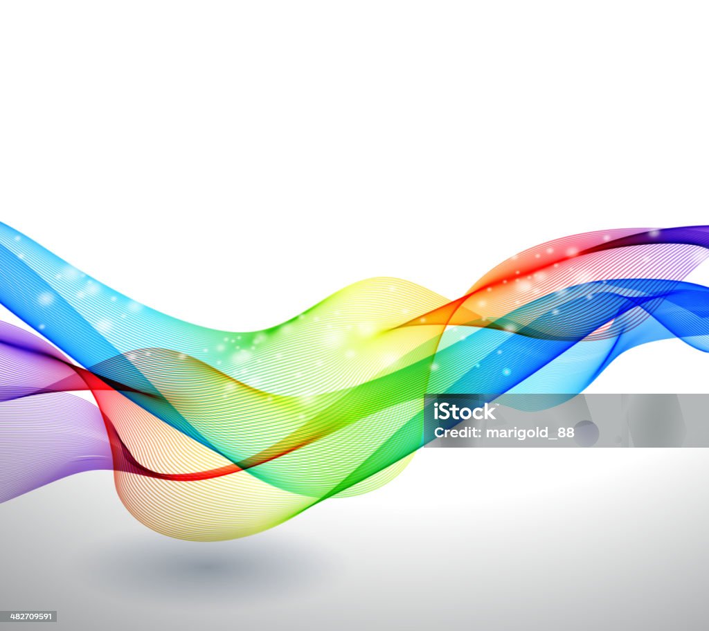 Abstract background of colorful striped waves Vector illustration that depicts a background using an abstract design.  The main background of the image is a stark white color.  The bottom section of the image is partially shadowed by the central design and appears dark gray at the bottom left and bottom right corners.  The central image utilizes a transparent rainbow pattern that goes across the frame in gentle waves. The color of the design at its center is a mix of green and yellow which is flanked by a bright blue section to its left and right.  Other parts of the pattern also uses red, purple and blue colors. Abstract stock vector