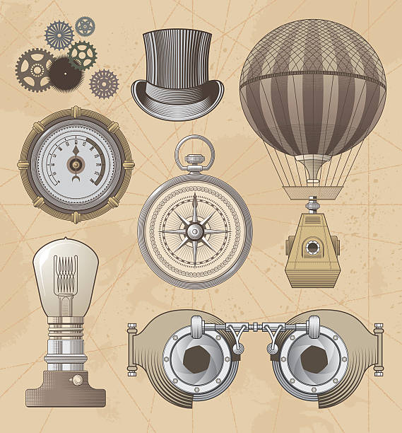 illustrazioni stock, clip art, cartoni animati e icone di tendenza di set vettoriale vintage design steampunk - inventor