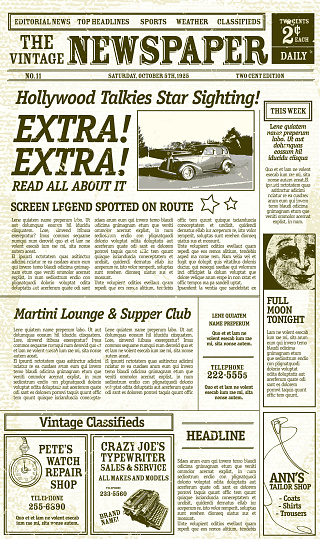 Vector illustration of a front page of an old newspaper. Use this layout template to design your own custom newspaper. Includes sample masthead, text headlines and copy. Also includes design elements such as moon face, vintage automobile, pocket watch, typewriter and needle and thread. Very textured and rough background. Separate layers for easy editing. Download includes Illustrator 8 eps, high resolution jpg and png file.