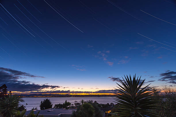 Sunset with startrails over West Auckland stock photo