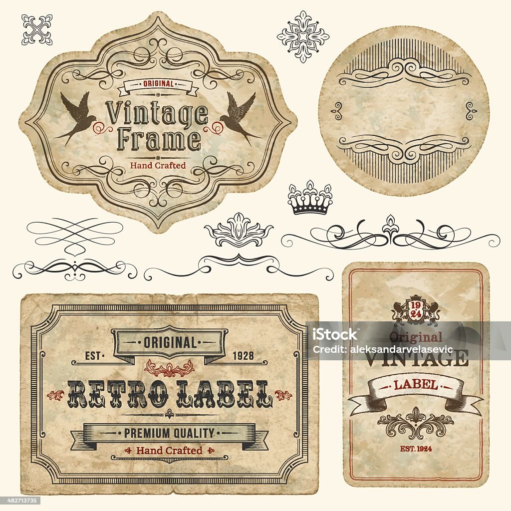 Vintage Labels Set of vintage labels and elements. EPS 10 file with transparencies. File is grouped and layered with global colors.Only gradients used. Hi-res jpeg included.More works like this linked bellow. Retro Style stock vector