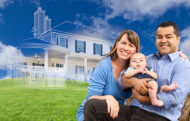 istock Mixed Race Family with Ghosted House Drawing Behind 482715664