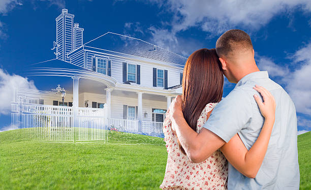 istock Young Military Couple Facing Ghosted House, Drawing and Grass 482718094