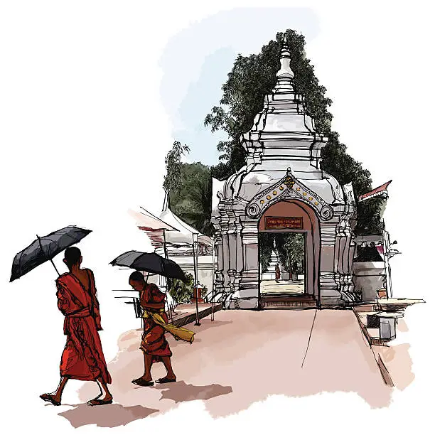 Vector illustration of Buddhist Monks in Laos