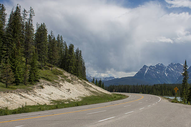 istock Mountain road with forest and snowy peaks 482720590