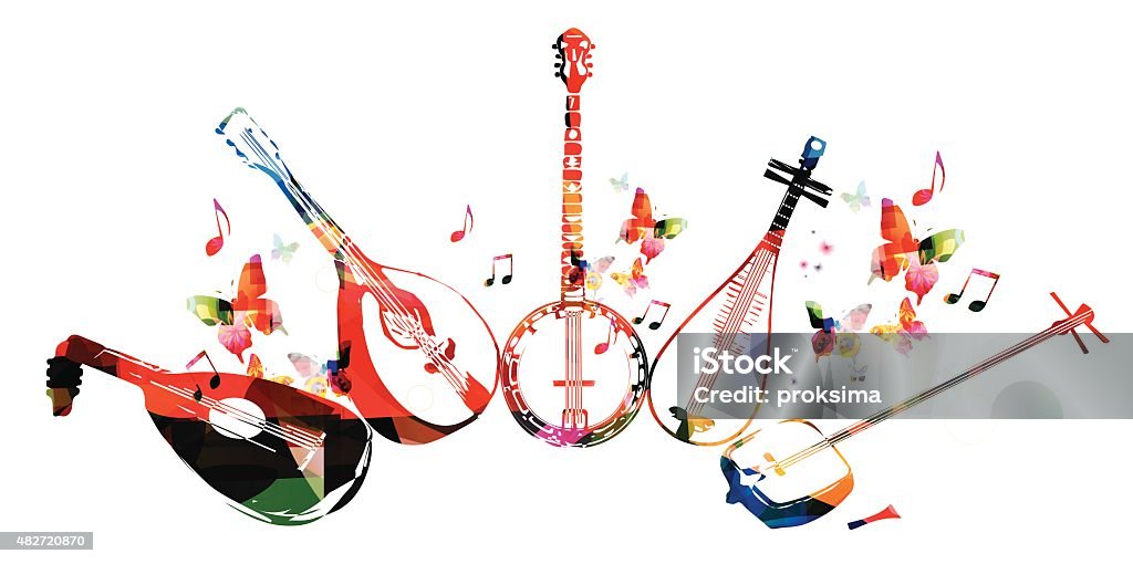 Grupo musical instruments con mariposas - arte vectorial de Banjo libre de derechos