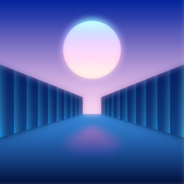 istock Retro futuristic digital landscape with moon and dark corridor 482723594