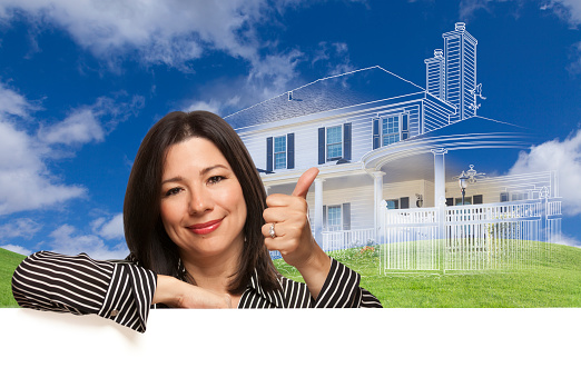 Thumbs Up Hispanic Woman with Ghosted House Drawing, Partial Photo and Rolling Green Hills Behind.