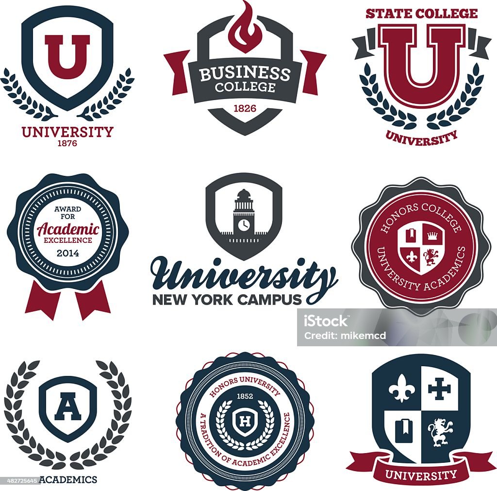University and college crests Set of university and college school crests and emblems. University stock vector