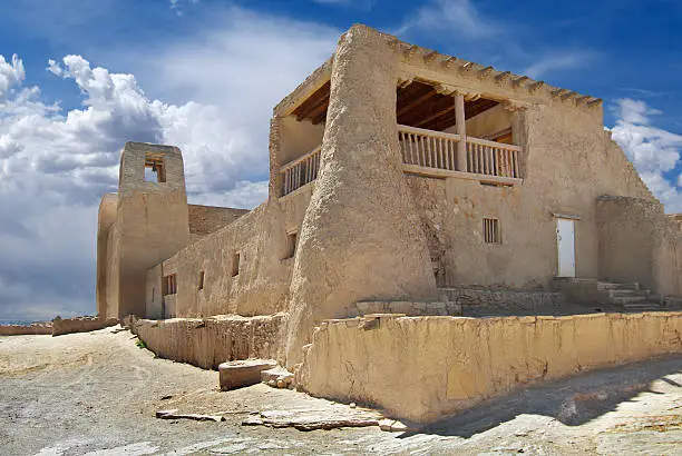San Estevan del Rey Mission Church, a National Historic Landmark,  was built in 1629 by Franciscans to control and acculturate the people at the Acoma Pueblo. This ancient Acoma village is located at the top of a mesa, over 360 feet above the ground and is one of the oldest continuously occupied places in the United States.