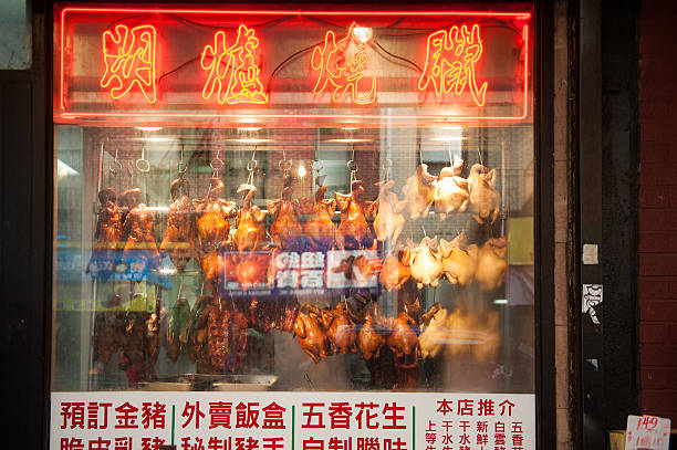 Ducks in a Chinatown restaurant window stock photo