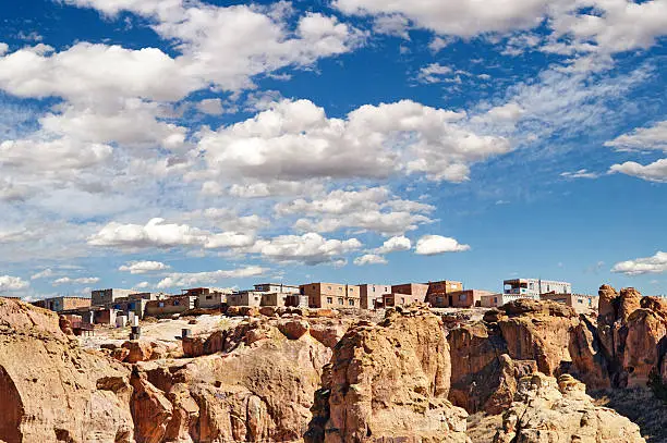 Acoma Pueblo is a Native American pueblo located sixty miles west of Albuquerque, New Mexico.  Pueblo people are descends from the Anasazi, Mogollon, and other ancient peoples. The influences  from the ancient tribes are seen in the architecture and the artistry of Acoma.
