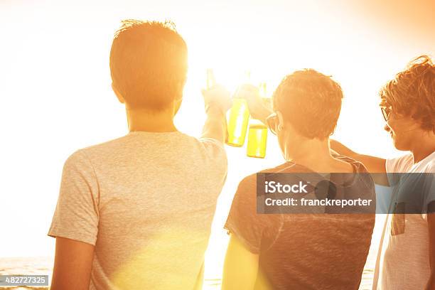 Group Of People Toasting At Sunset With Beers Stock Photo - Download Image Now - 20-24 Years, 20-29 Years, Adolescence